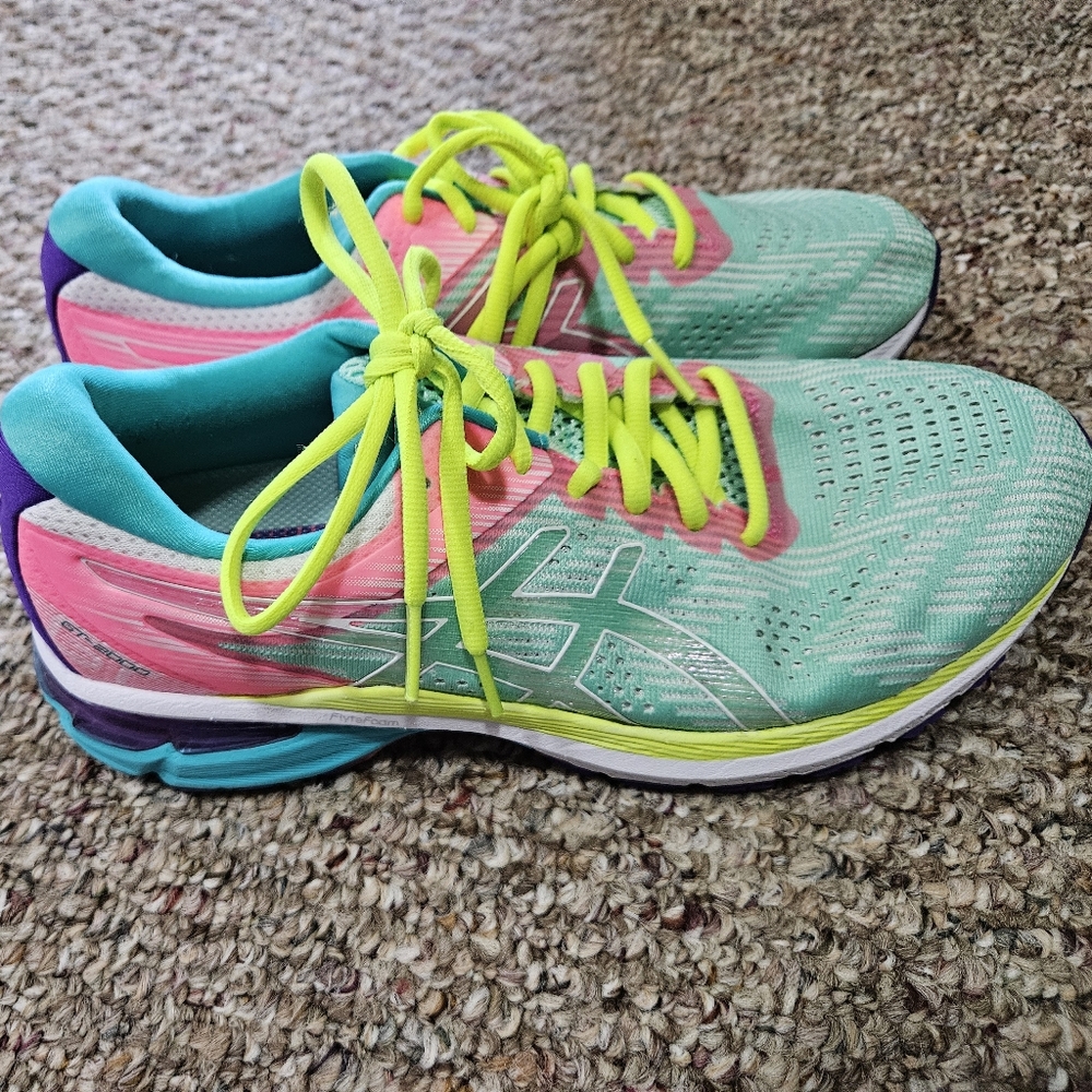 Asics Green and Pink Athletic Shoes with Breathable Mesh